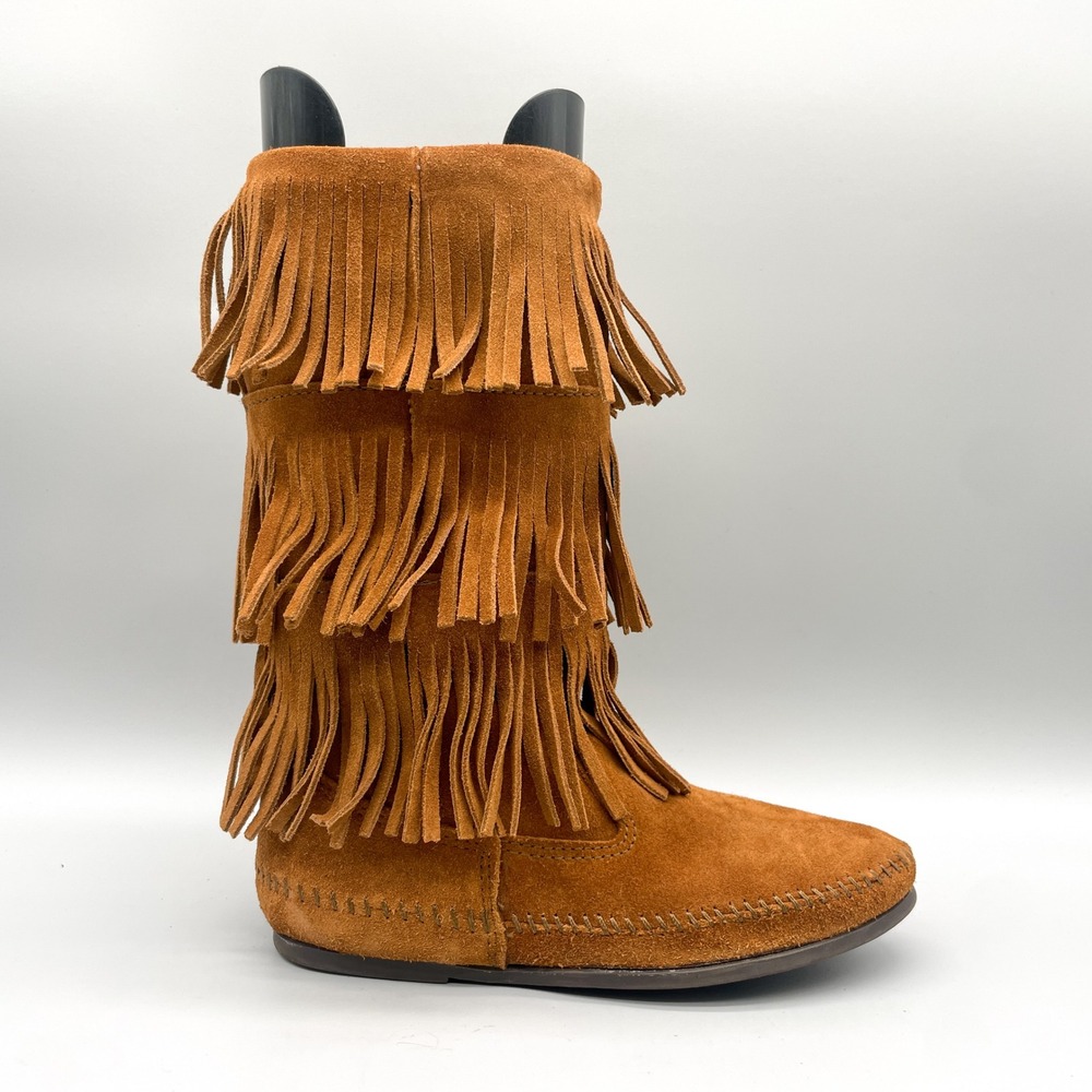 Minnetonka Womens 9 3-Layer Fringe Moccasin Boots Brown Suede Boho Festival